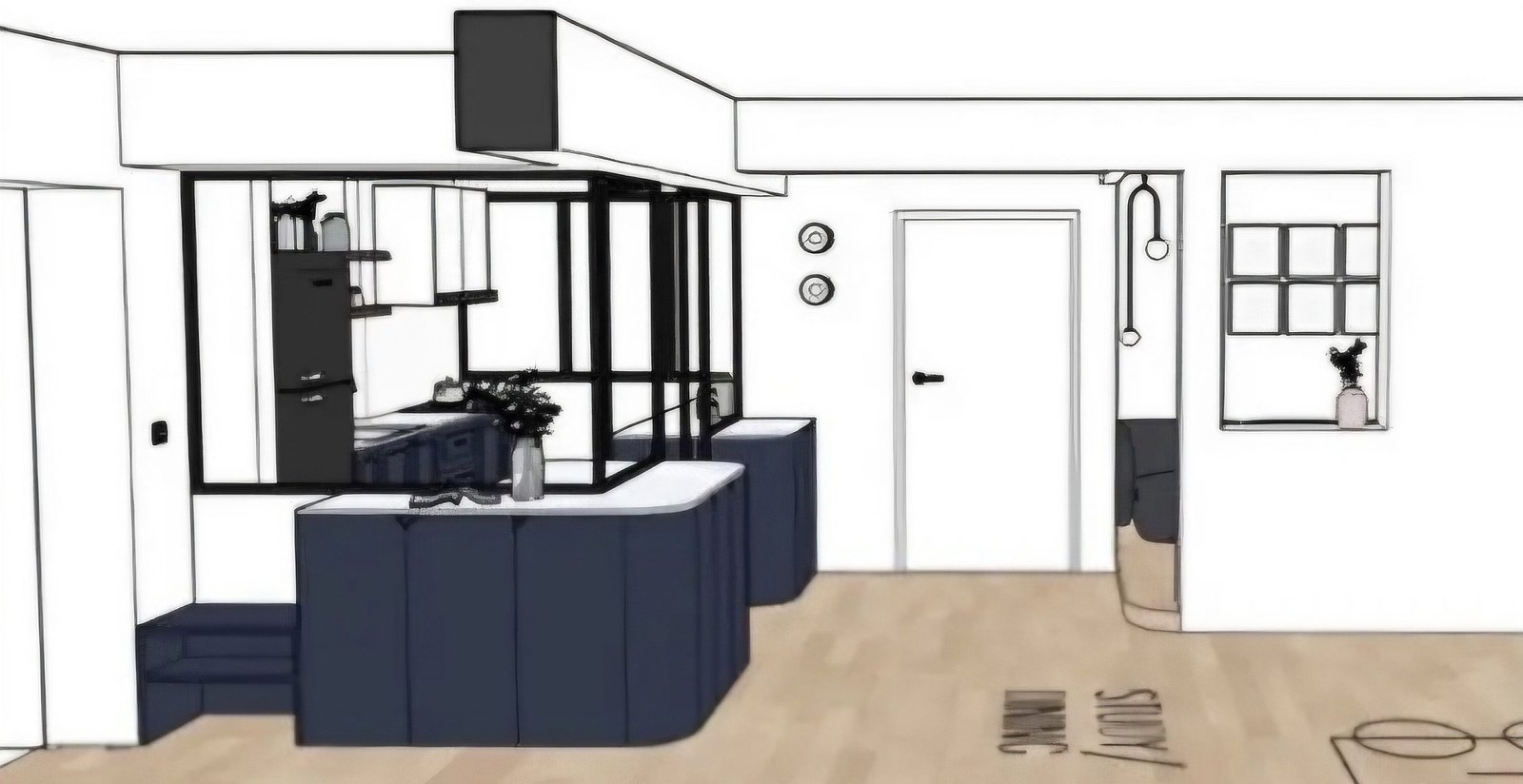 Konsep — Ruang utama & kitchen island Kemang Village